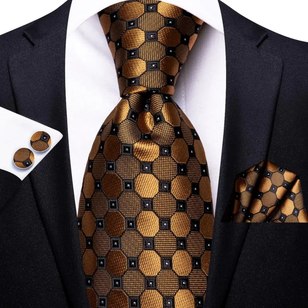Hi-Tie Black Gold Orange Dot Paisley Wedding Tie For Men Handky Cufflink Fashion Design Tie For Men Business Party Dropship