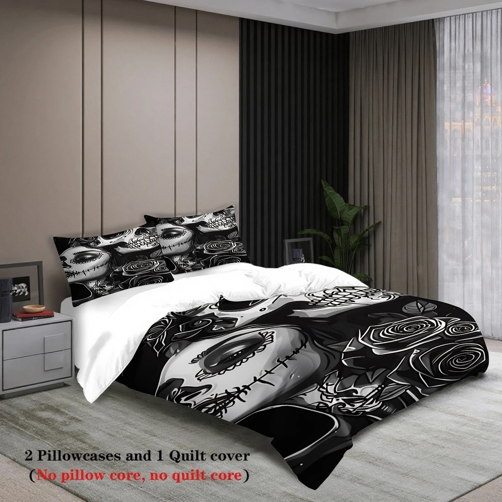 3pcs Skull And Rose Bedding Sets 3D Printed Black And White Duvet Cover Sets With Pillowcases No Filling