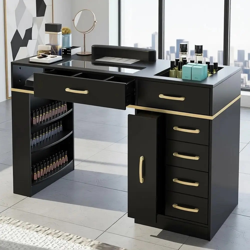 

Electric Dust Collector Manicure Table with Glass Top, Wrist Cushion, Storage, and Shelves - Ideal for Nail Technicians and Home