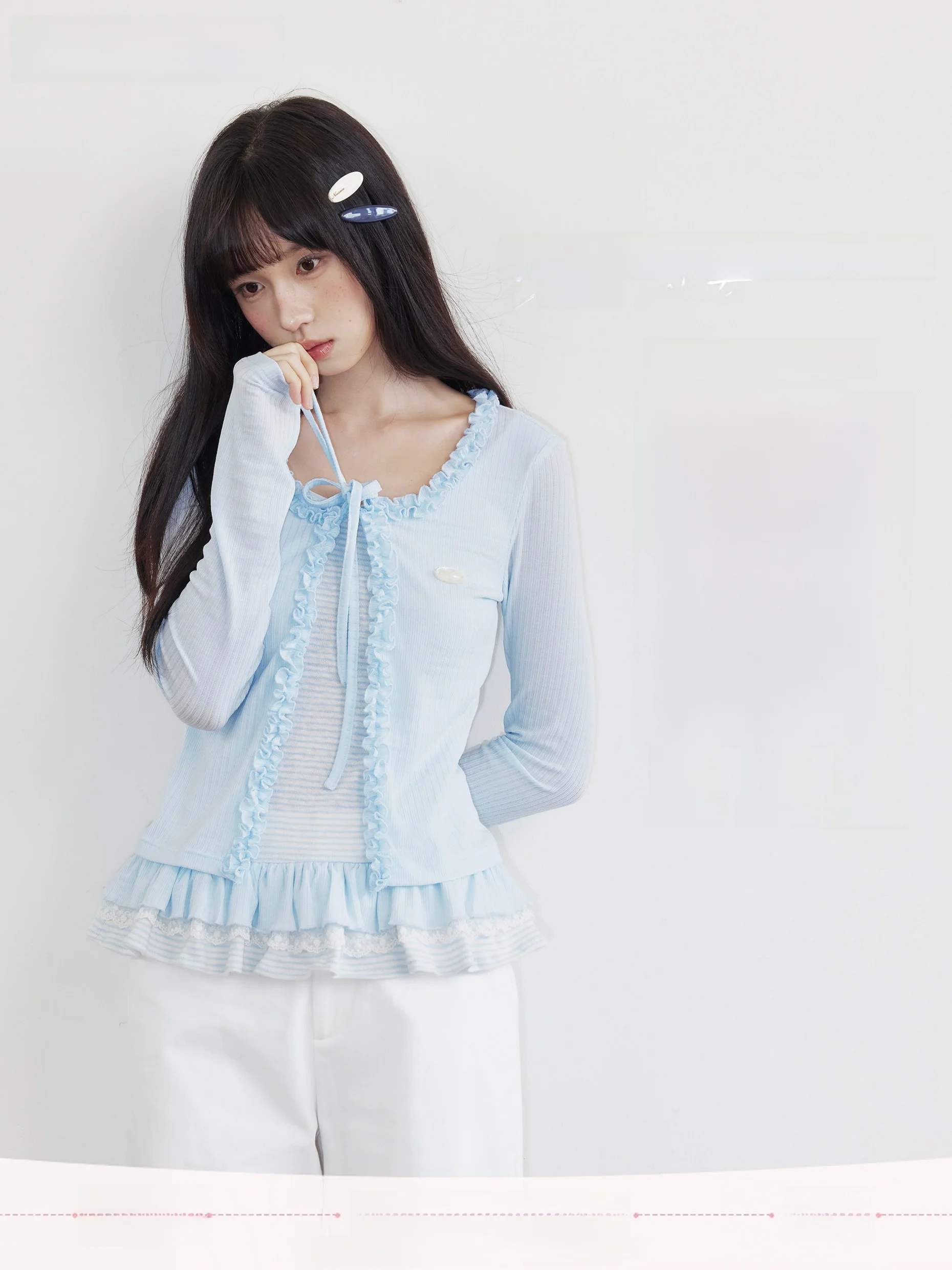 

Umoumo Girl's Style Long Sleeve Lace Trim Cardigan Cotton Polyester Blend Striped Fake Two-Piece Ensemble Floral Edging Slimm...