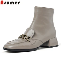 ASUMER Nature Genuine Leather Ankle Boots Women Zipper Square Mid Heels Autumn Winter  Fashion Booties Office Dress Shoes