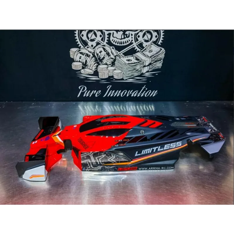 Classic Black Red Livery Pre-Painted RC Body Shell, Complete Aero Spoiler Kit for 1/7 ARRMA Limitless F1 8S Speed Car