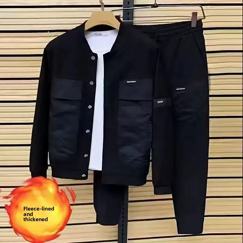 Men's Washed Denim Baseball Collar Two-Piece Set Casual Jacket & Drawstring Jogger Pants