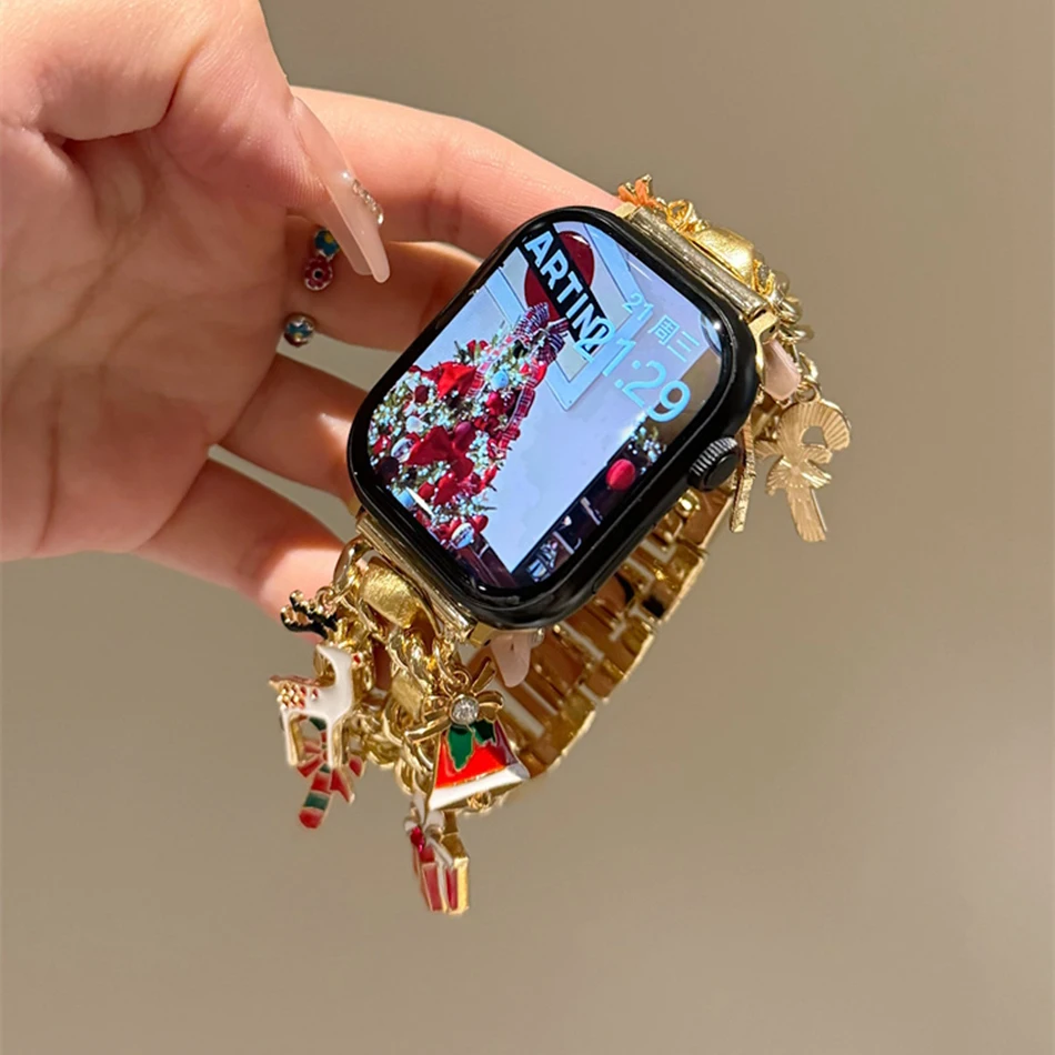 Новый рождественский подарочный ремешок для Apple iWatch серии 9, 8, 7, 6, 5, 4, 3 SE Ultra, браслеты в стиле Chanelstyle, ремешок для часов 38/40/41/44/42/45/49 мм