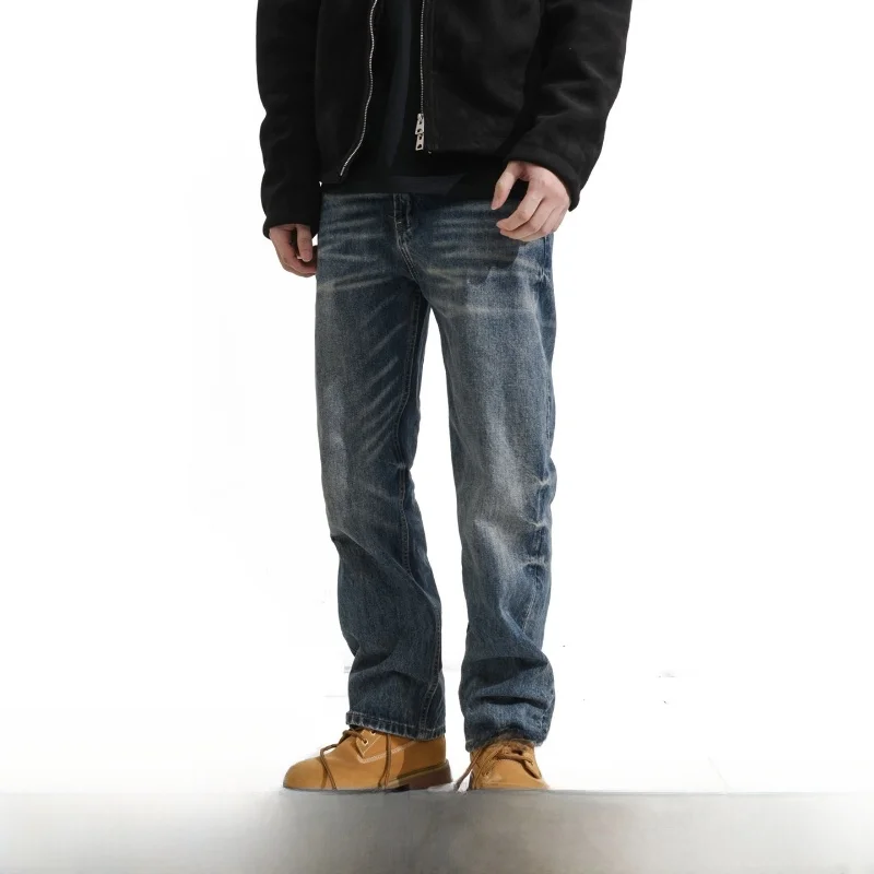 

Retro American Heavyweight Men's Straight Leg Jeans Worn Washed Distressed Cotton Spring Summer Breathable Comfortable Fit