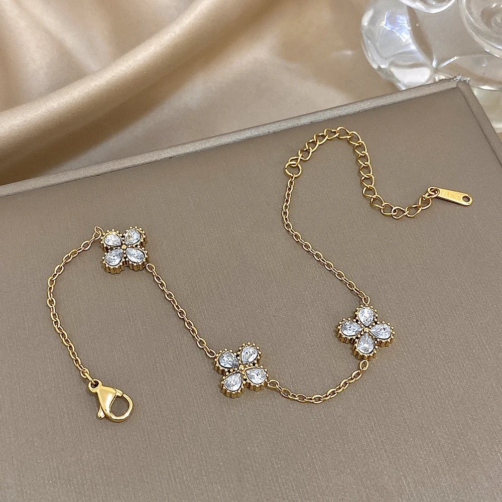 

Luxury Shinny Zircon Flower Stainless Steel Chain Bracelet for Women Elegant Gold Color Petal Floral Bracelet Lady Jewelry Gift