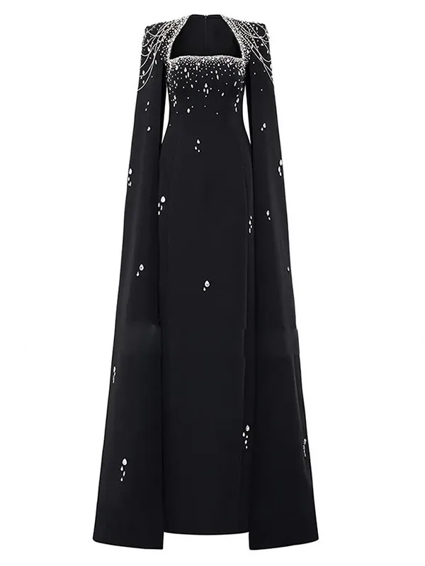 ชุดราตรียาวประดับด้วยลูกปัดหนัก พร้อมผ้าคลุมไหล่และสายคล้องยาวถึงพื้น รุ่นใหม่ปี 2025 สไตล์เซเลบริตี้สำหรับผู้หญิง