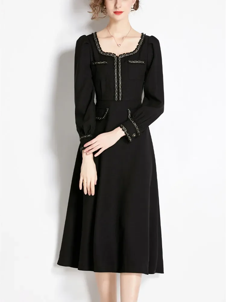 New Black Women Vintage Dress Long Puff Sleeve Square Collar Smock Weave Fringed High Waist A Line Mid Calf Length Vestido