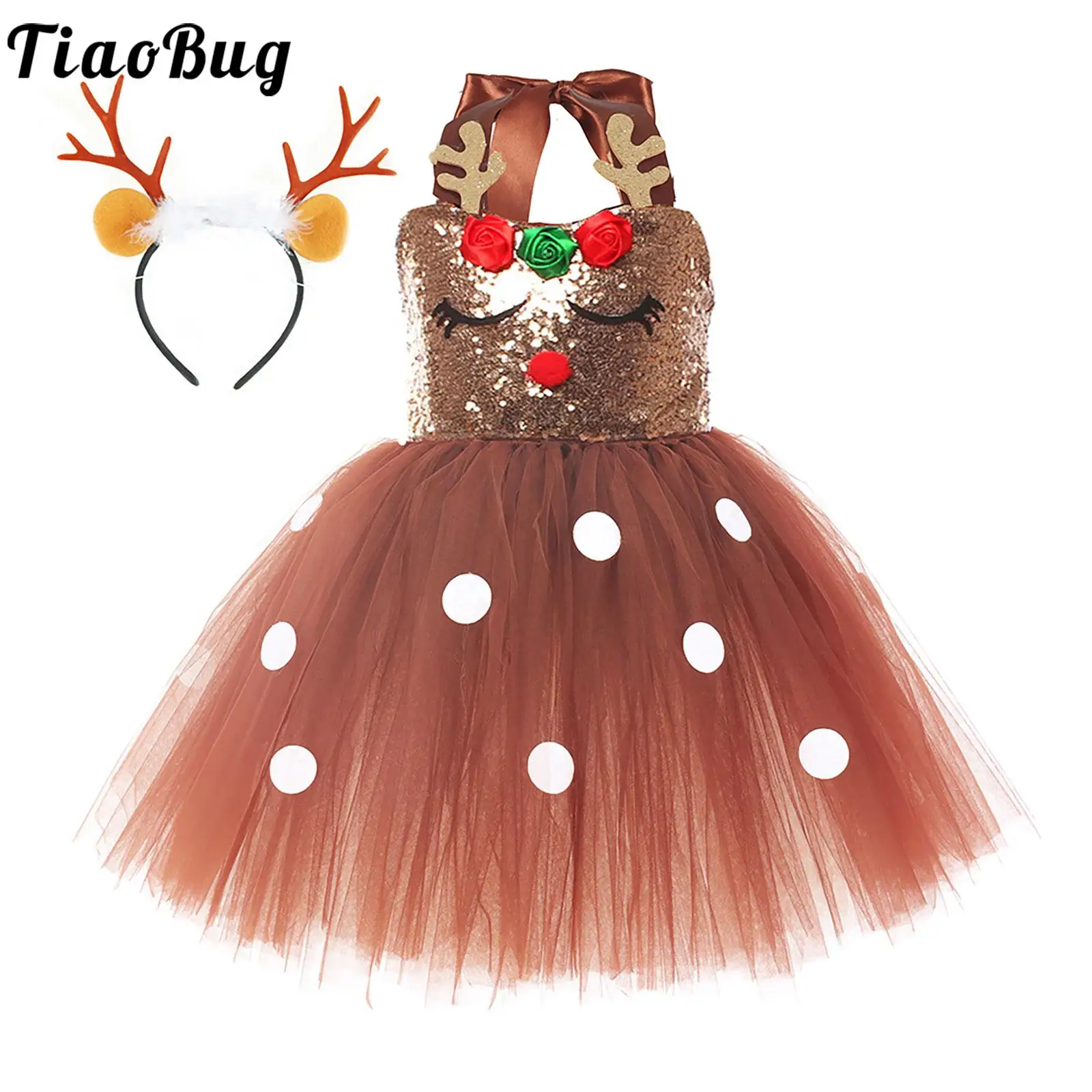 Kids Girls Christmas Party Elk Reindeer Costume Sleeveless Sequins Tutu Dress with Deer Hair Hoop for New Year Xmas Cosplay