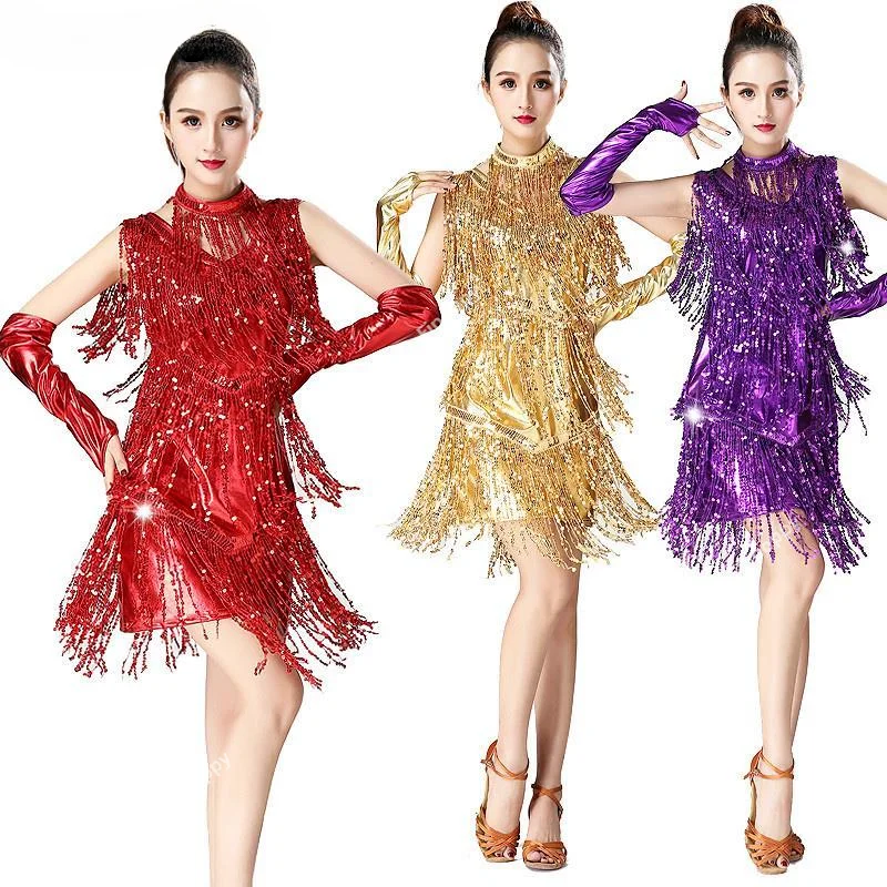 Sexy Latin Dance Dress Set Women Sequins Tassel Rumba Salsa Tango Dress Ladies Professional Performance Dress Goddess Clothing