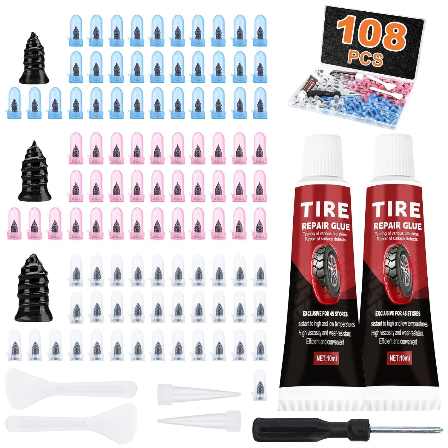 

108 Pcs Tire Screw Plug Repair Kit with Tire Glue for Car Truck Motorcycle Puncture Repair