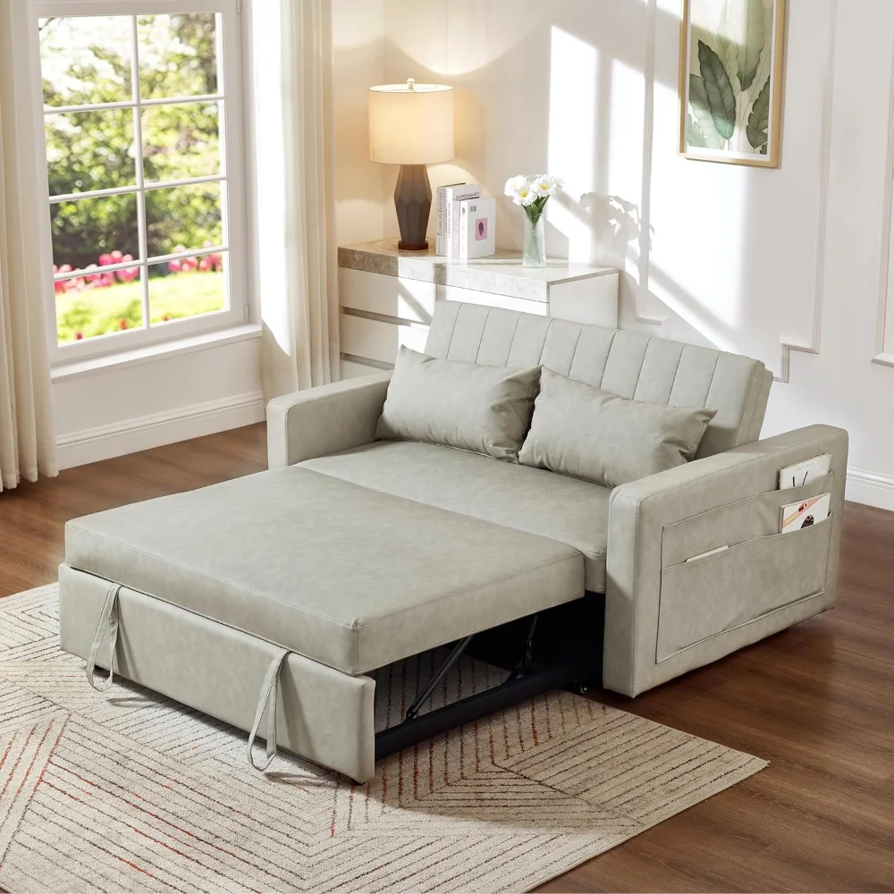 

55'' Leather Sofa Bed, Pull Out Sleeper Sofa Couch Bed, Loveseat Sleeper, Futon Sofa Couch with Side Pocket