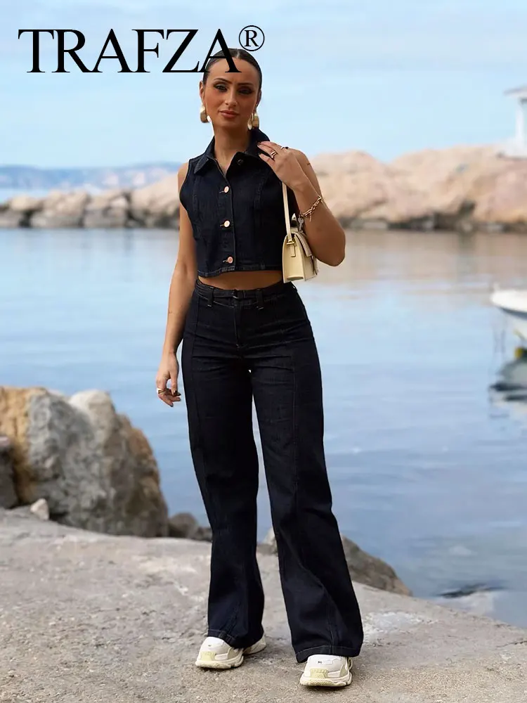 

TRAFZA женский однобортный жилет без рукавов с отложным воротником + карман на молнии с высокой талией, расклешенные джинсы, брюки, комплект из 2 предметов