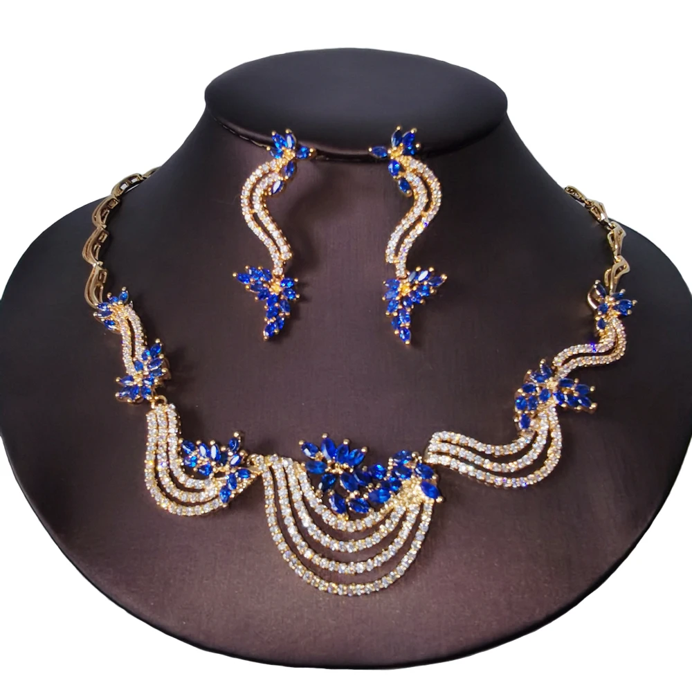 2024 new fashion retro luxury blue wave zircon golden Necklace earring set,wedding bride banquet dress party birthday jewelry