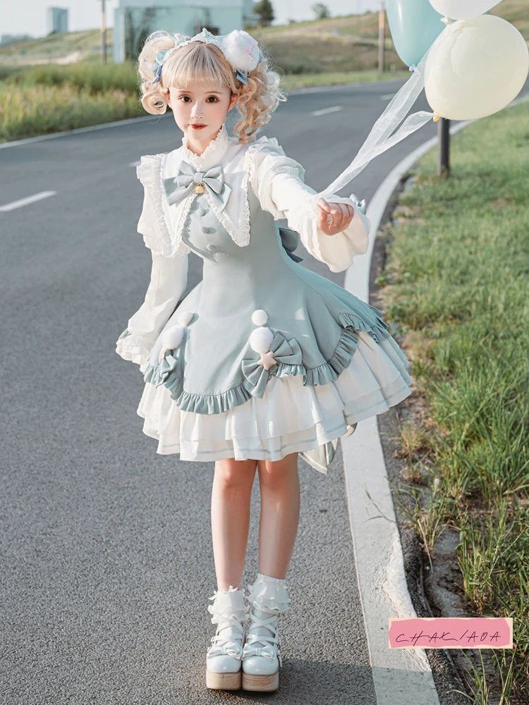 

Japanese Original Lolita Christmas Princess Dress Cute Hairball Sweet Cute Super Fairy Sleeves Removable Two Wear Op Dress Girl