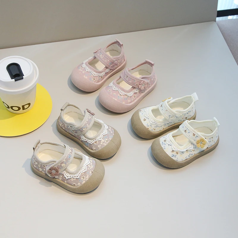Baby Girls Casual Shoes Children Non Slip Soft Sole Toddler Kids Lace Floral Princess Shoes Comfortable Newborn Infant Shoes