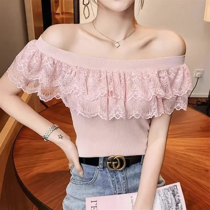 Women's Clothing Summer Sexy Off Shoulder Ruffles Lace Patchwork Ice Silk Knitwear Elegant Fashion Solid Short Sleeve Slim Tops