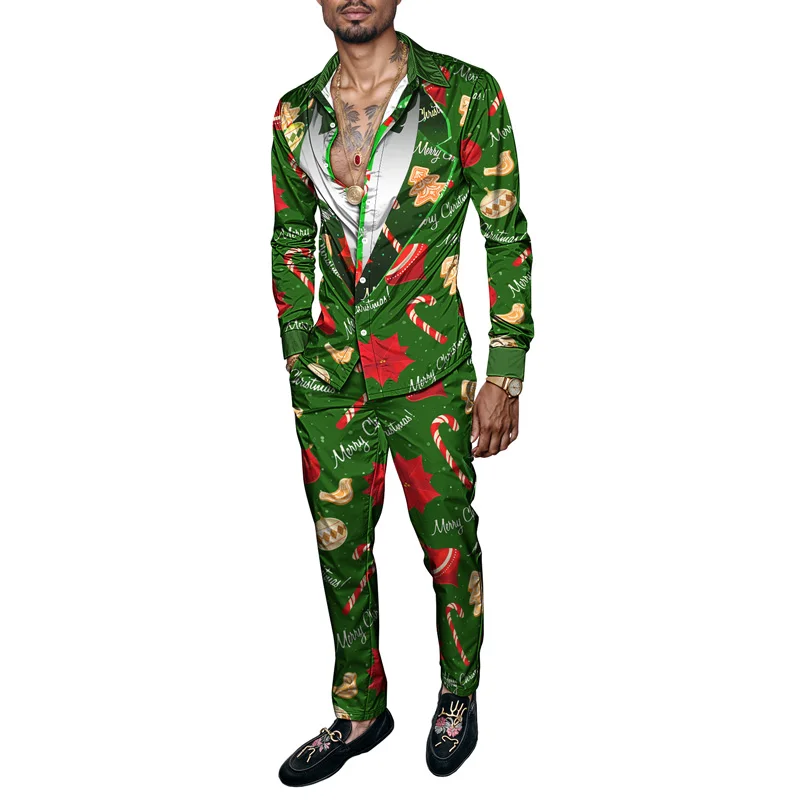 2025 أنيق الربيع الصيف الرجال قميص مجموعة عيد الميلاد طباعة موضة الزنجبيل رجل 2 قطعة مجموعة رجالي ثلج خفيفة الوزن الطرف