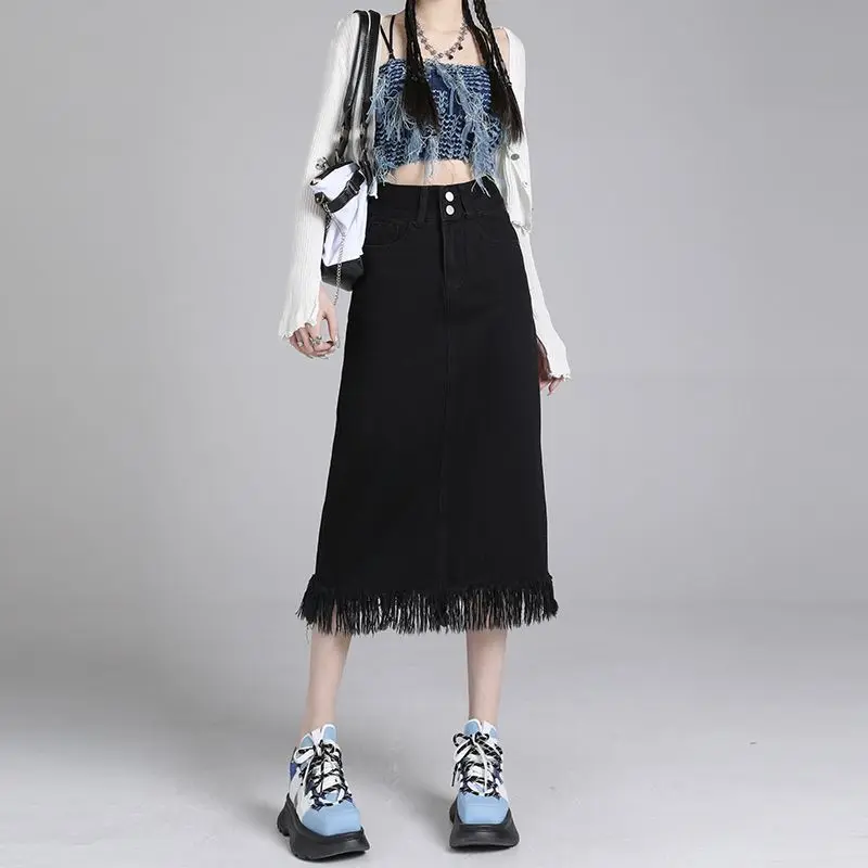 

Women'S Tassel Denim Long Skirt Split High Waist A Line Hip Vintage Jean Skirt Medi Casual Washed Korean Femme Preppy Y2K Punk