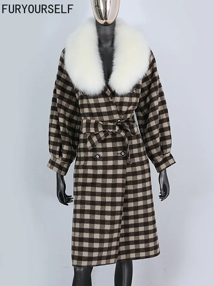 

FURYOURSELF 2023 Long Cashmere Wool Blends Real Fur Coat Plaid Belt Winter Jacket Women Natural Fox Fur Collar Warm Outerwear