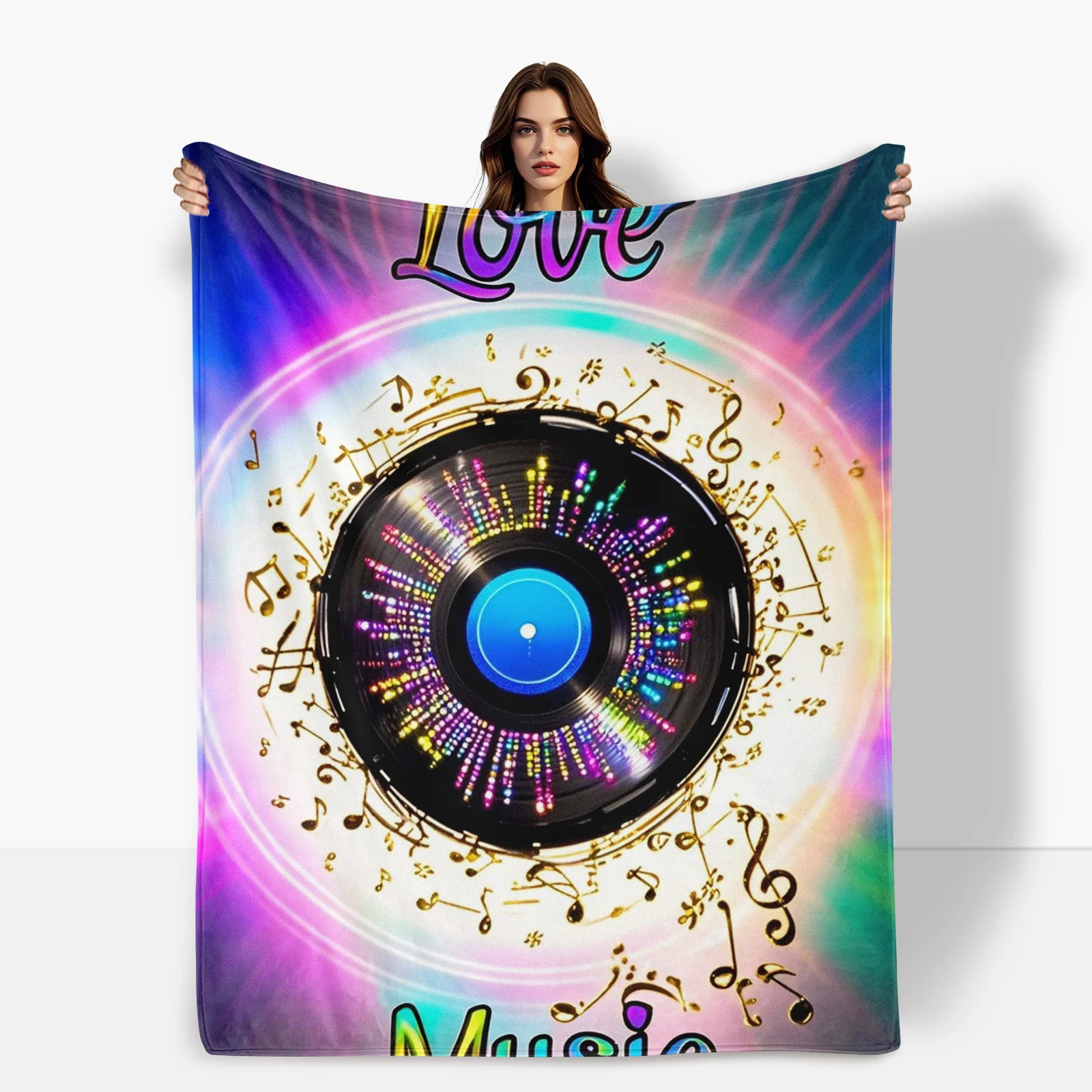 Coperta arcobaleno in vinile con design di note musicali e tessuto circostante per l'arredamento della stanza vibrante e artistico in stile estetico