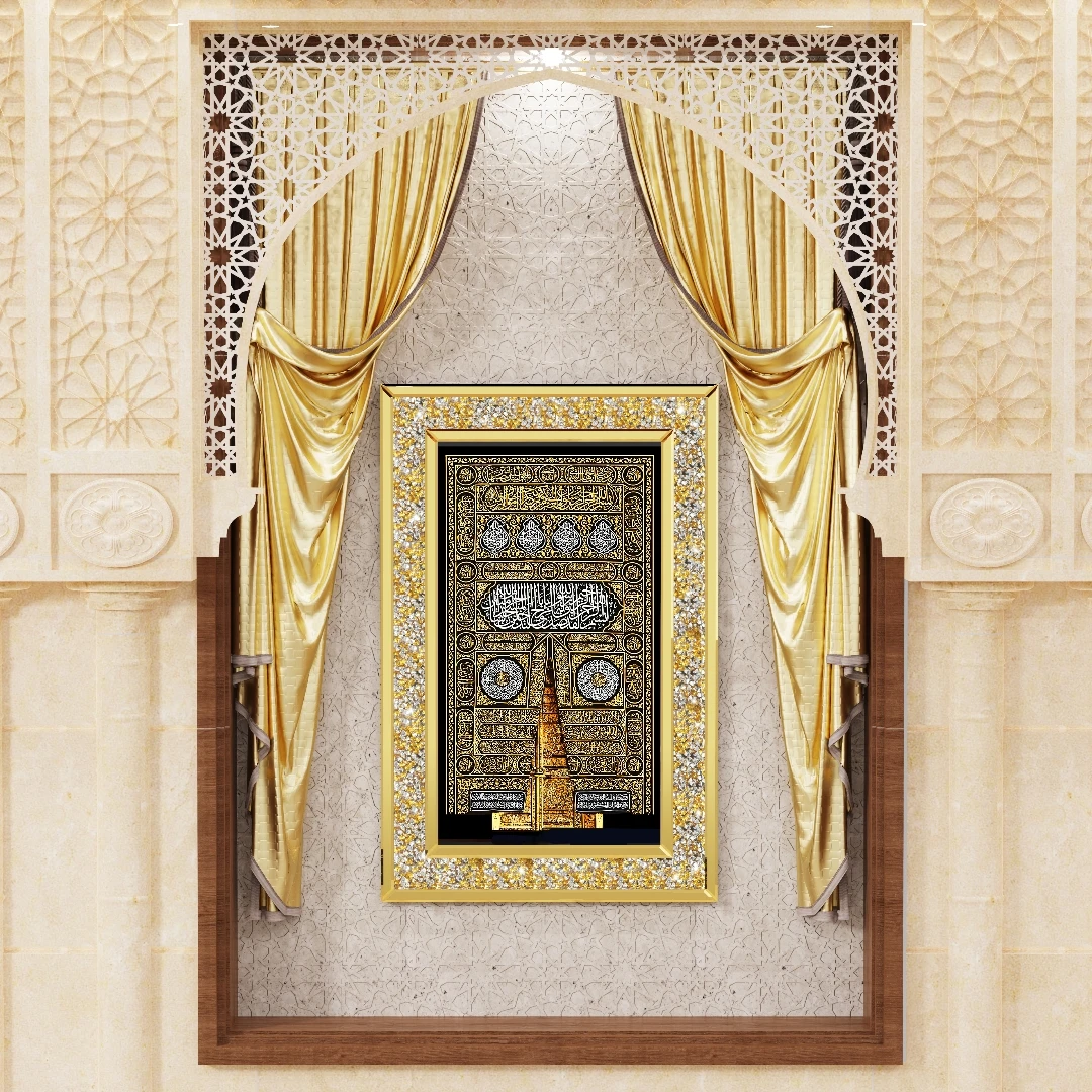 

LUVODI Muslim Kaaba Gold Wall Artwork Decor with Crushed Crystal Diamonds and Solid Back Frame for Prayer Rooms