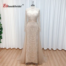 Elegant Pearls Mermaid Evening Dress for Women 2026 Luxury High Neck Long Sleeves Formal Prom Wedding Party Gowns Customized