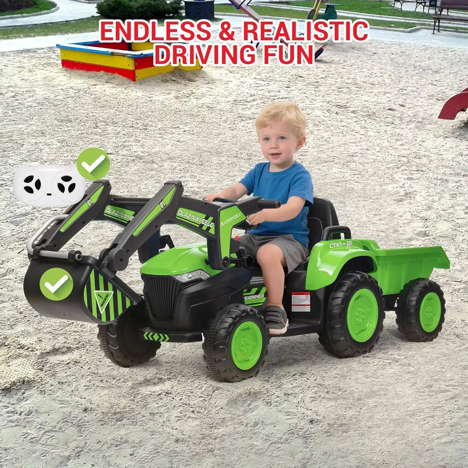 Véhicules électriques de tracteur d'excavatrice pour enfants avec télécommande, pelle, lumières LED, musique, jouet de voiture pour garçons et filles