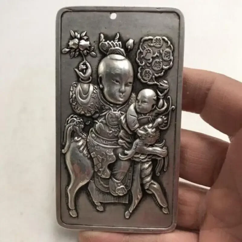 Old Chinese Tibet Silver Handcarved Double-Sided Boy Pendant Waist Tag