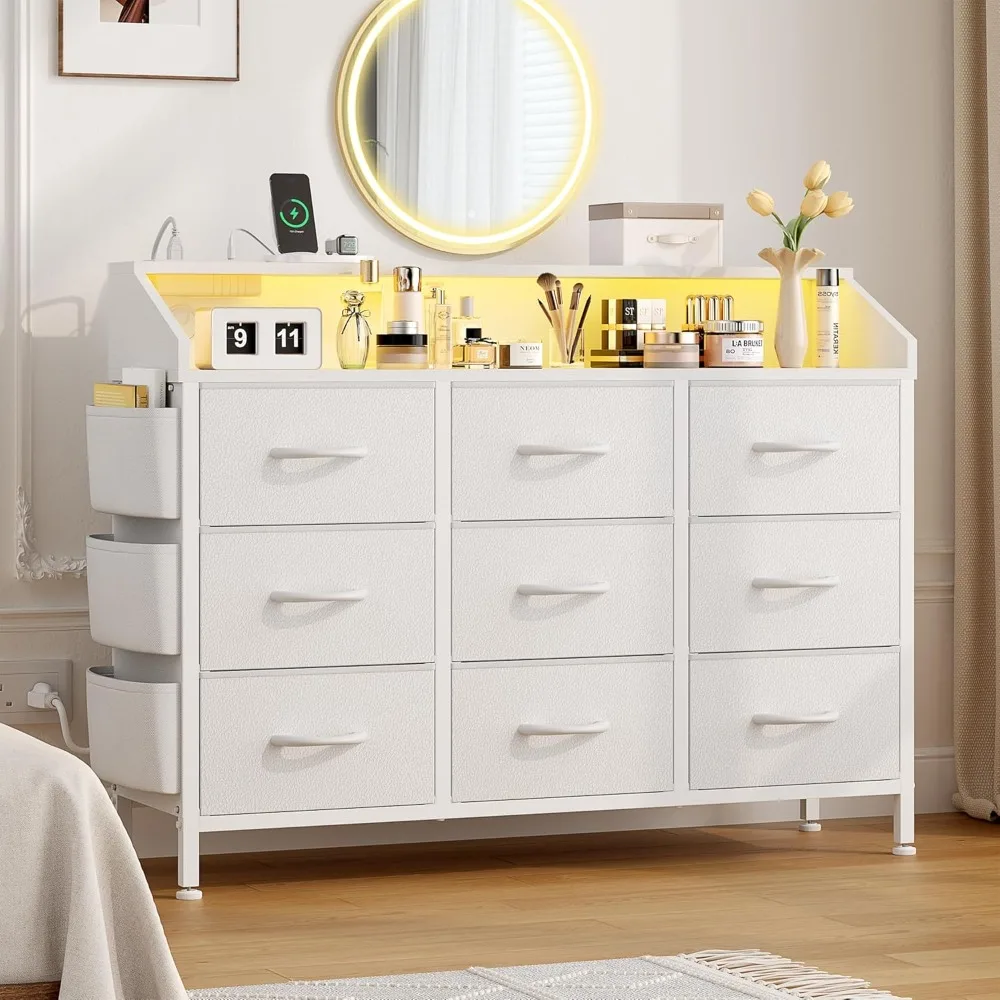 

White Dresser for Bedroom 9 Drawers - Fabric Dressers for Bedroom with LED Light & Charging Station - Adults Chest of Drawers