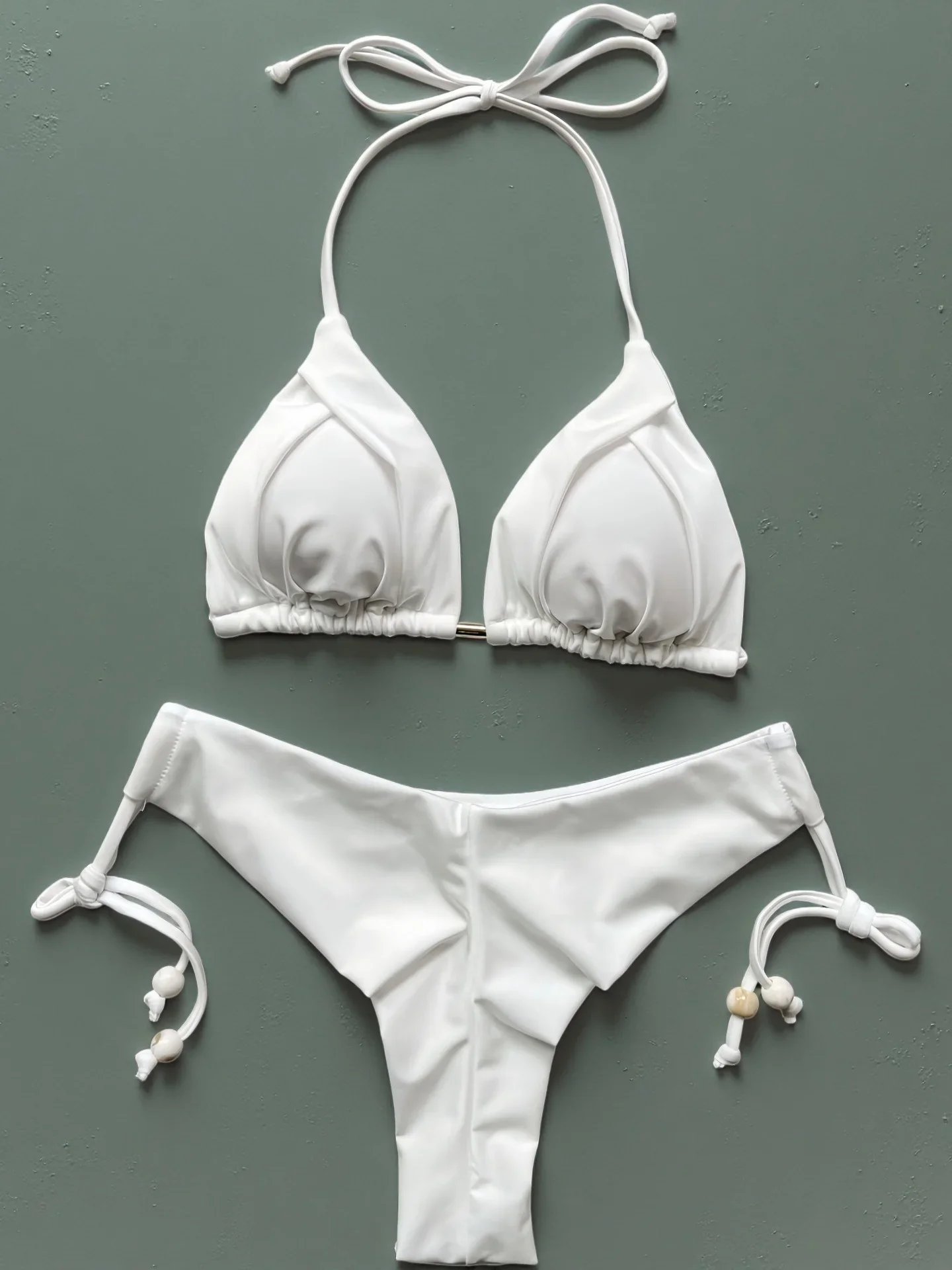 Women Thong Bikini Sexy Solid White/Black/Coffee Halter Swimsuit Lace Up Brazilian Bathing Suit 2025 New Double Fabric Beachwear