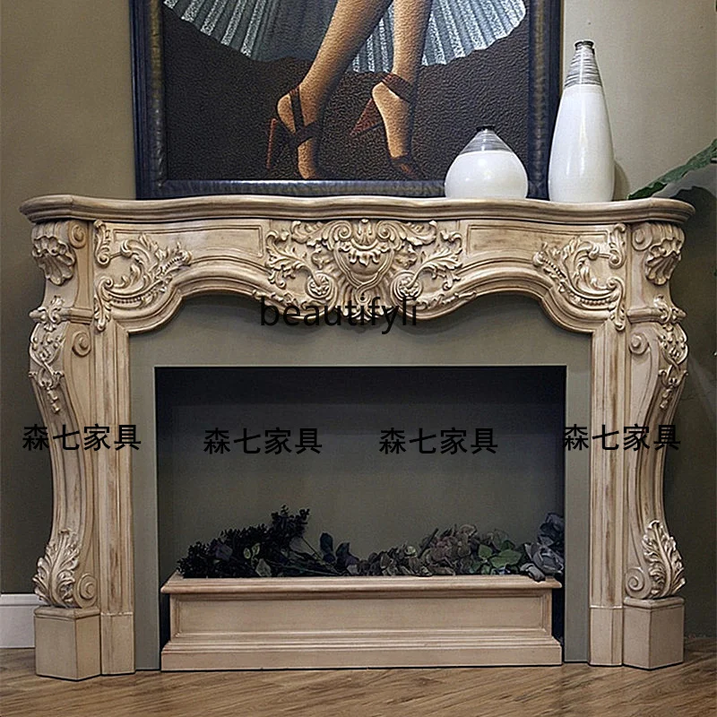 

French light luxury retro solid wood carving flower old fireplace European style, decorative fireplace frame background wall