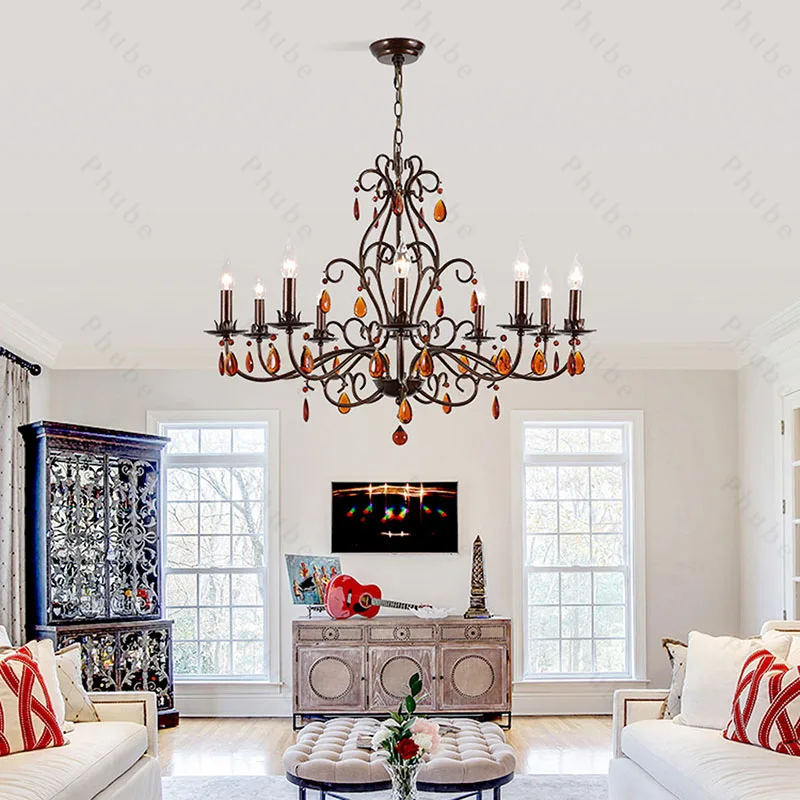 

Phube Antique Crystal Chandelier Light With Amber crystal Teardrop Pendant Lights For Living Room Hanging lamp Ceiling Light