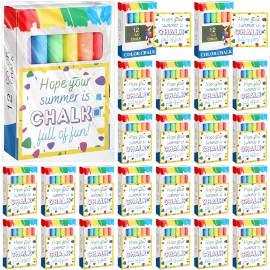 

24 коробки цветного мелка для улицы оптом, подарки к концу учебного года, с летними меловыми карточками и пакетами от учителя для учеников