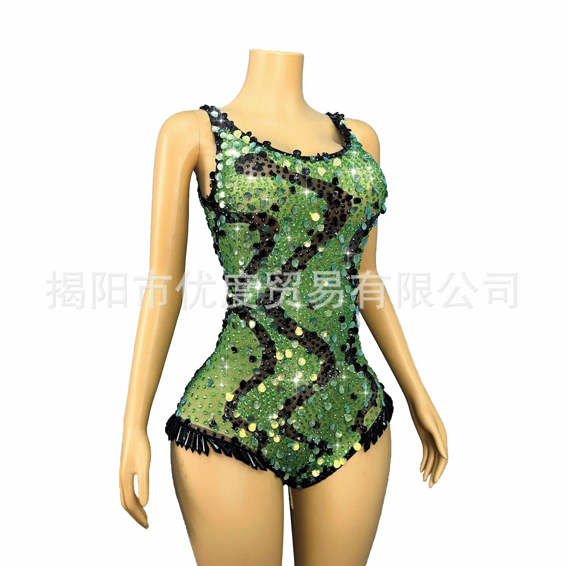 المغني مطرزة حجر الراين قطعة واحدة عالية شوكة المرحلة دعوى قذيفة الزخرفية الرقص دعوى الحلاقة الخضراء ملابس الحفلات فستان للنساء