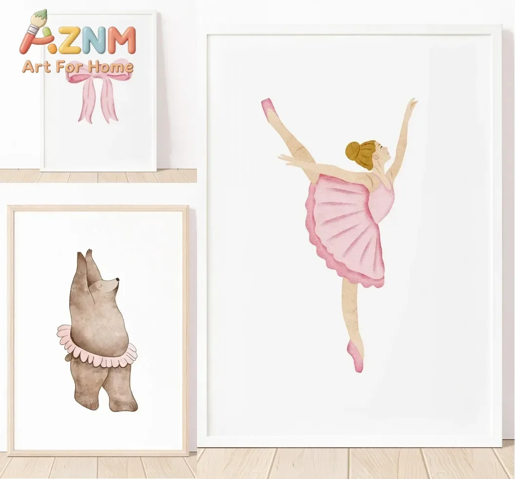 1pc frameless Pink Ballet Dancer Bear Bow and Cute Teddy Bear Canvas Painting Funny Minimalist Wall Art Boho Nursery Print Kids