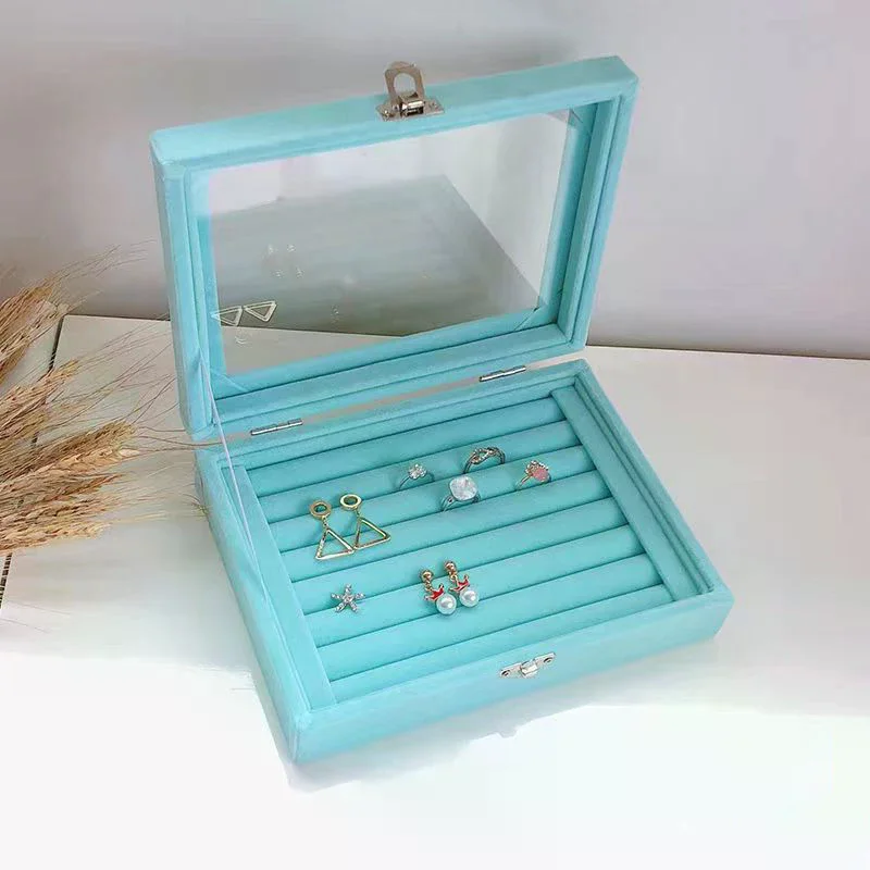 /HTF/Rings Box Jewelry Display Case Storage Organizer Ring Earrings Box Dustproof Transparent Flip Lid Jewelry Box Velvet