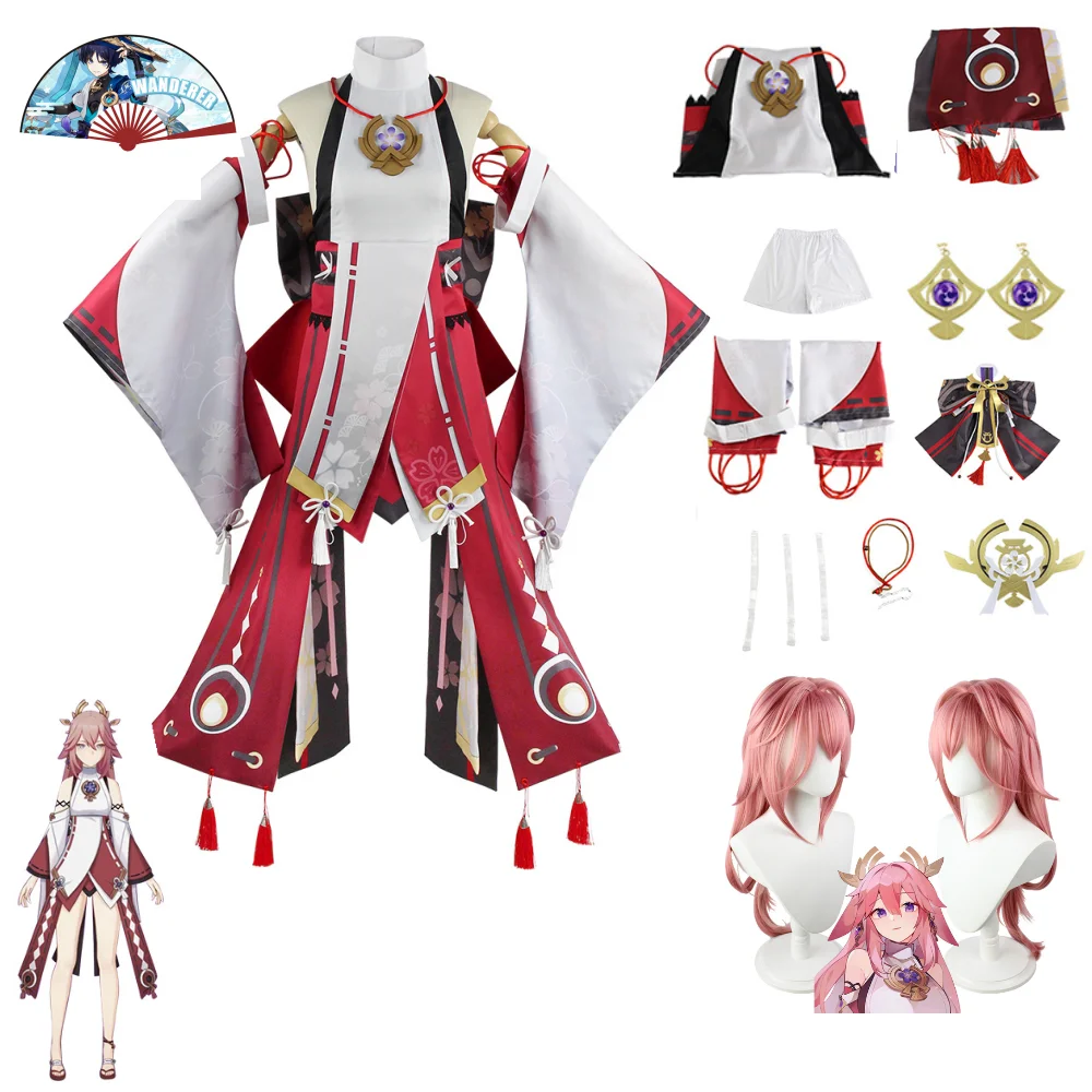 Yae Miko Cosplay Costumes Genshin Impact Full Set Outfit Wig Shoes Clothes Role Play Suites Christmas Halloween Uniform for Girl