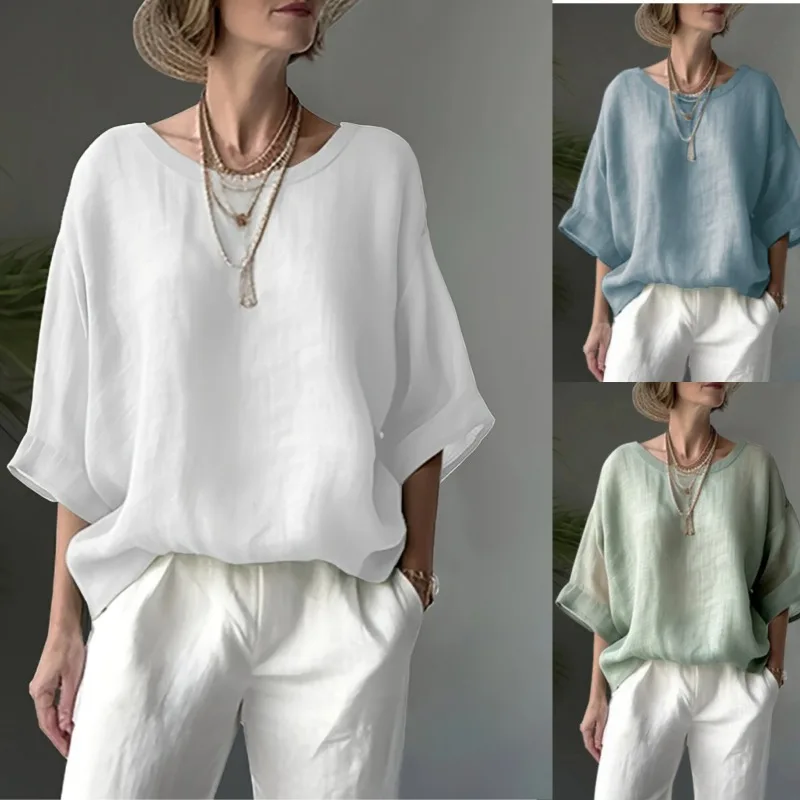 Women Cotton Linen Shirt Oversize Loose Blouse And Tops Round Neck Blouse Elegant Women Shirt Female Dropped Shoulder Blouse Tee