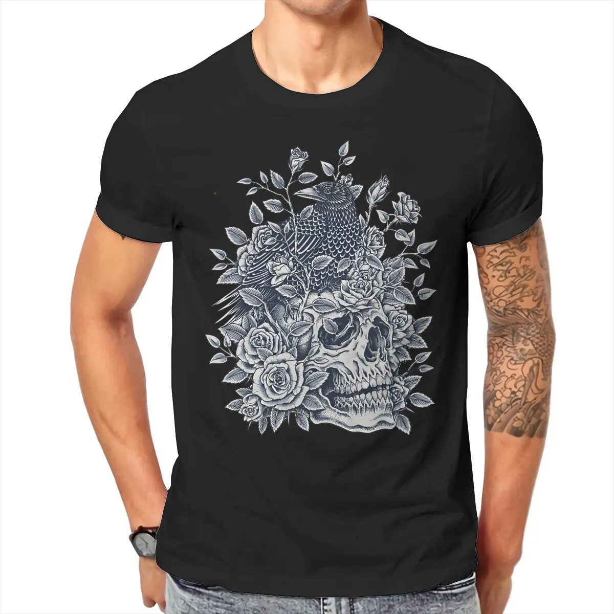 Monochrome Floral Hipster TShirts Flower Skull Men Style Fabric Tops T Shirt O Neck 