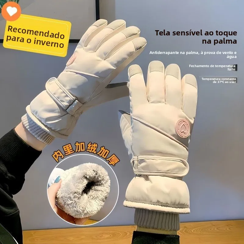 女性用冬用スキーグローブ-厚手フリース-アウトドアサイクリング-防風防水-タッチスクリーン対応-暖かいスノーグローブ