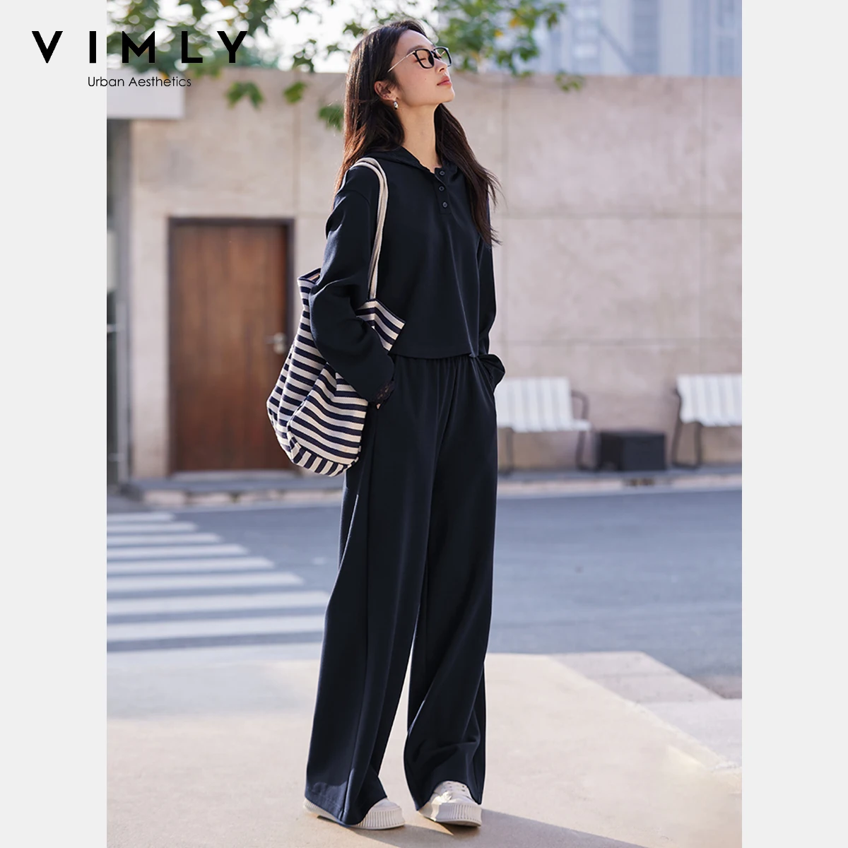 VIMLY Women's Autumn 2025 Pant Suits Sporty Lace Hooded Long Sleeve Tops Wide Legs Pants Casual Two-piece Trousers Sets A0675