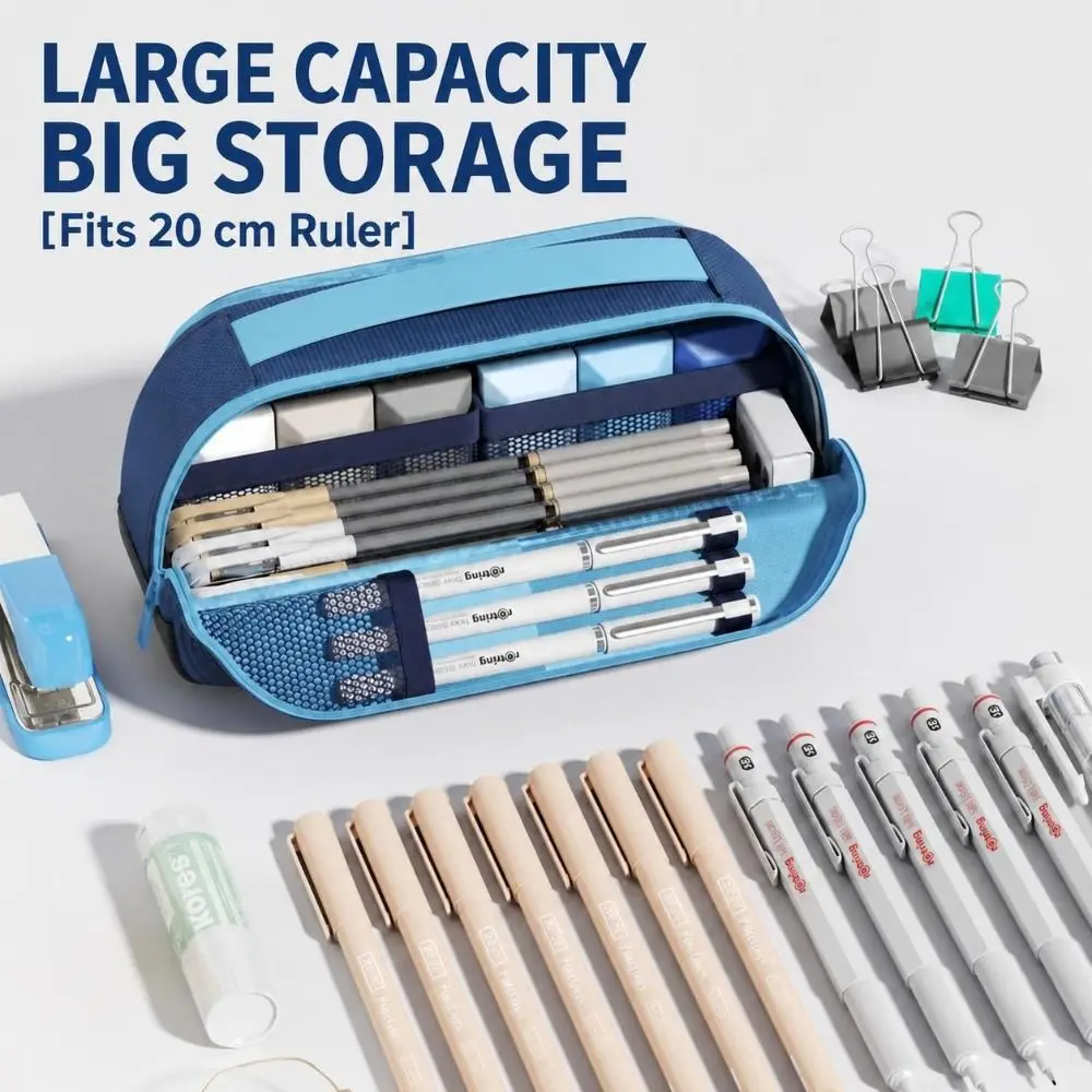 Multi-Layer Compartments Magnetic Pencil Case Carry Handle Fold-Down Organizer Pencil Pouch Zipper Closure Mesh Pockets