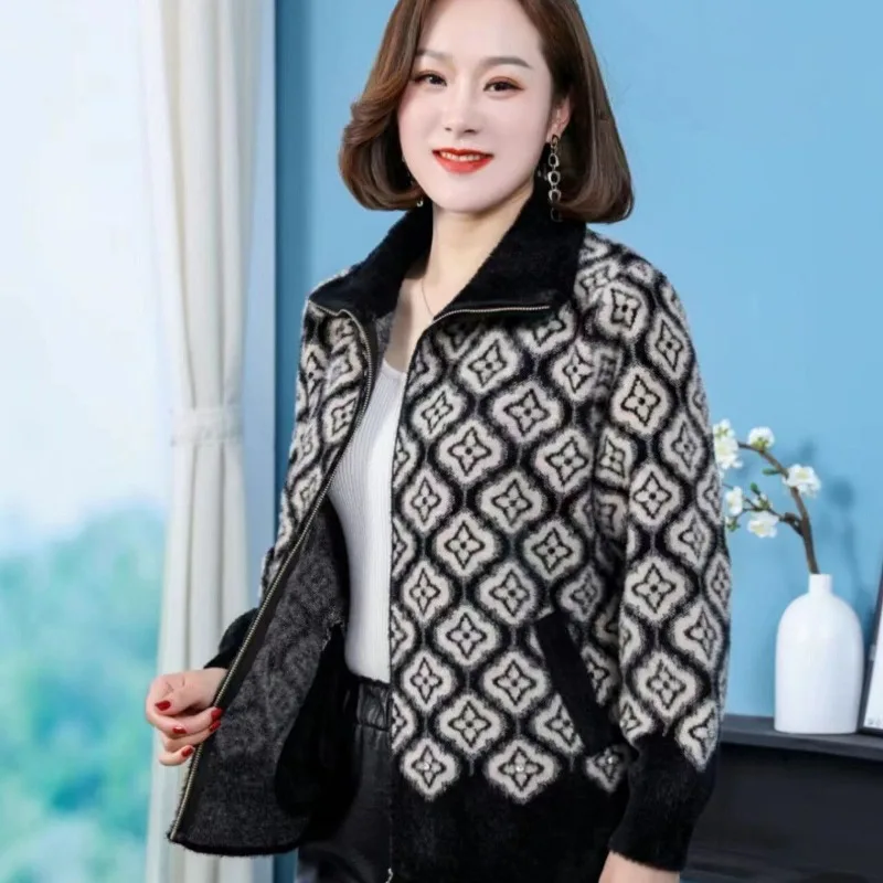 Manteau court en fourrure de vison pour femme, Cardigan tricoté, tendance, décontracté, fermeture éclair, veste épaisse, imprimé de haute qualité, haut à manches longues, automne et hiver