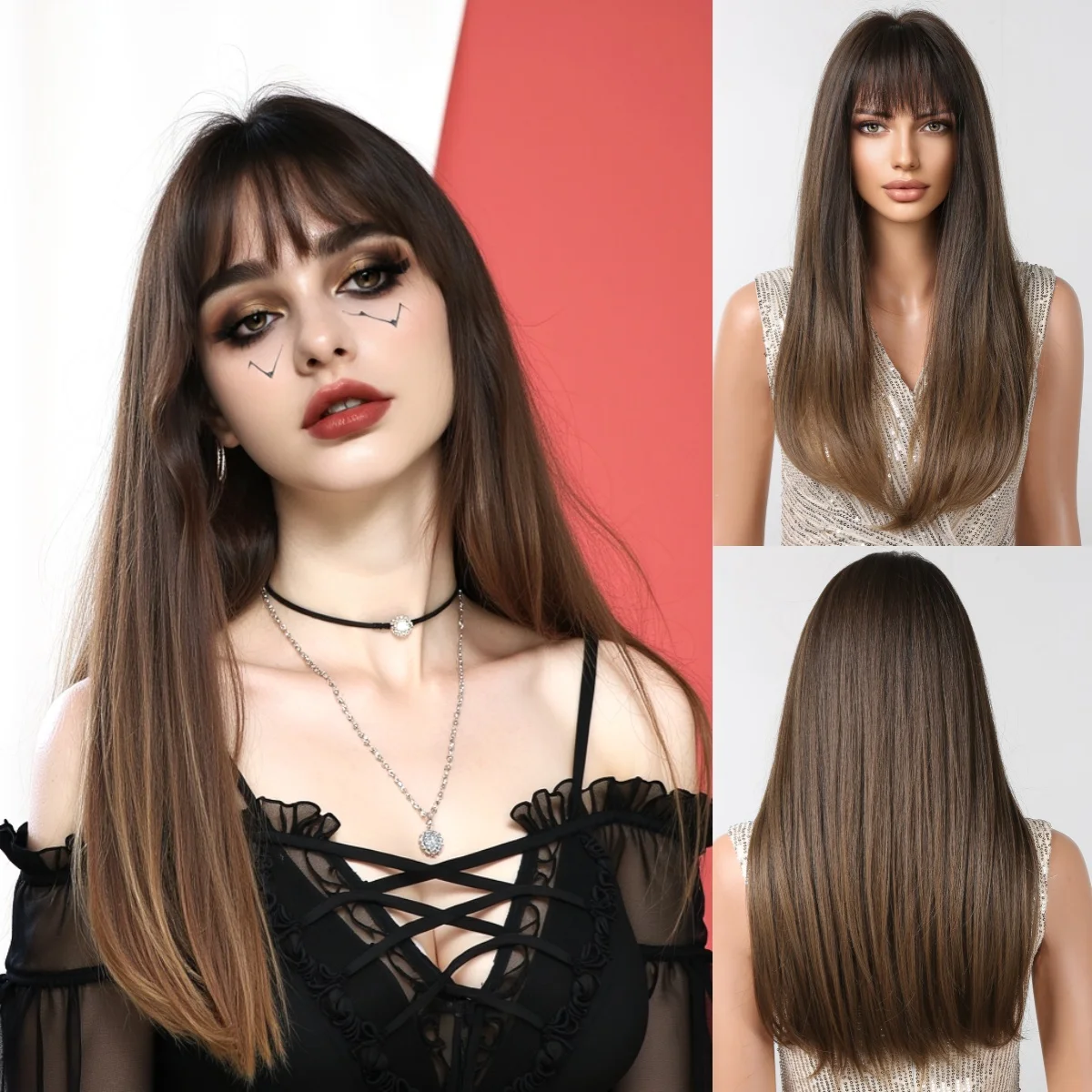 Schwarze Highlight-Rosa-Synthetik-Perücke mit Pony, lange gerade schwarze Highlight-rote Perücke für Frauen, Cosplay, Party, Weihnachten, 66 cm – Detail 13