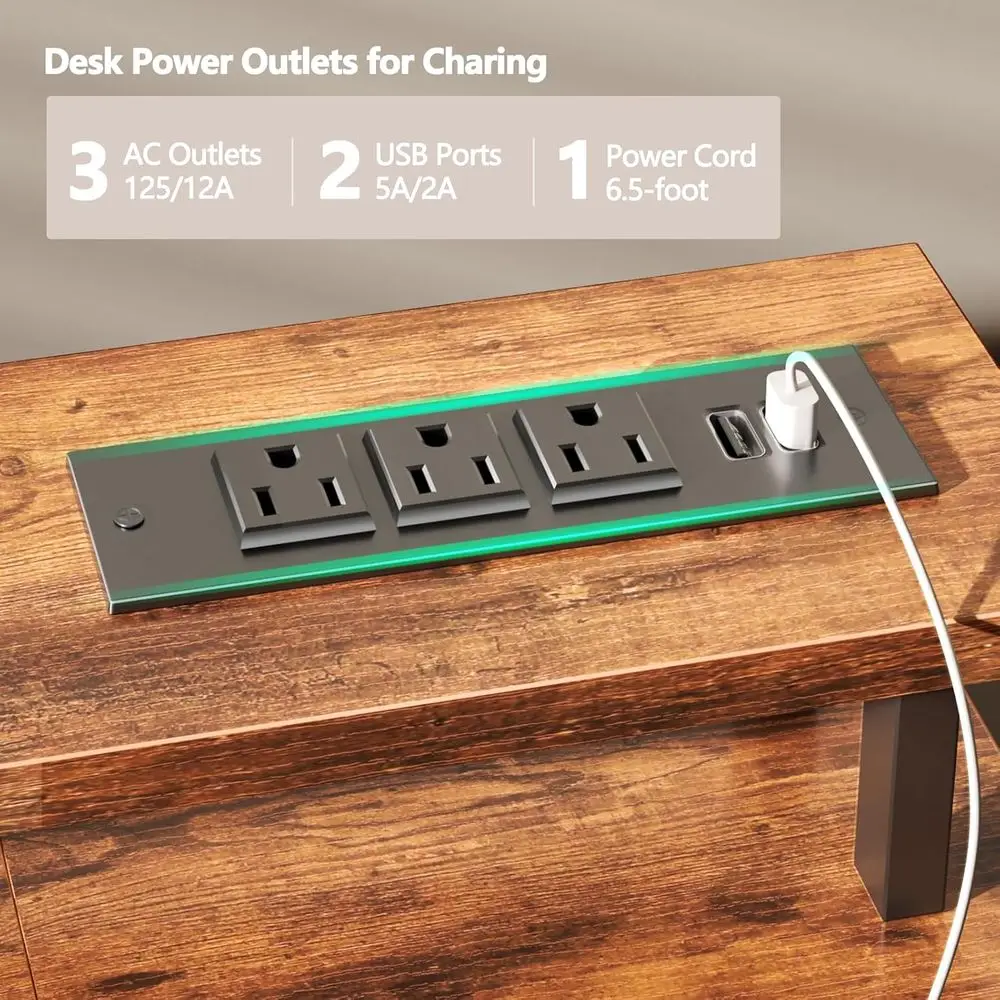 Rustic Brown 47 Desk with 4 Drawers, Monitor Stand, LED Lights, and Power Outlets for Home Office and Gaming in Small Spaces