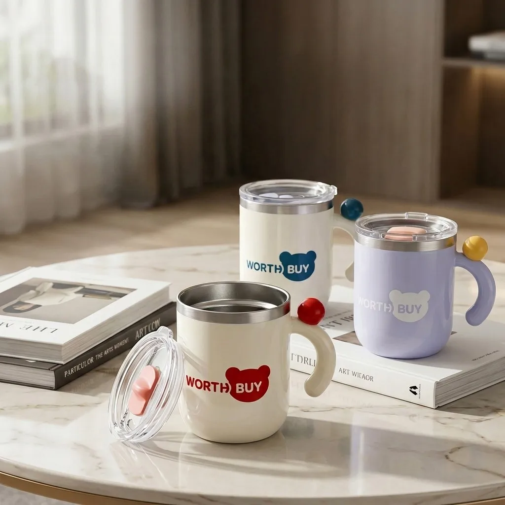 Kawaii 316 Stainless Steel Insulated Coffee Mug 430ml Leakproof Thermal Tumbler with Handle Portable Travel Water Cup with Lid