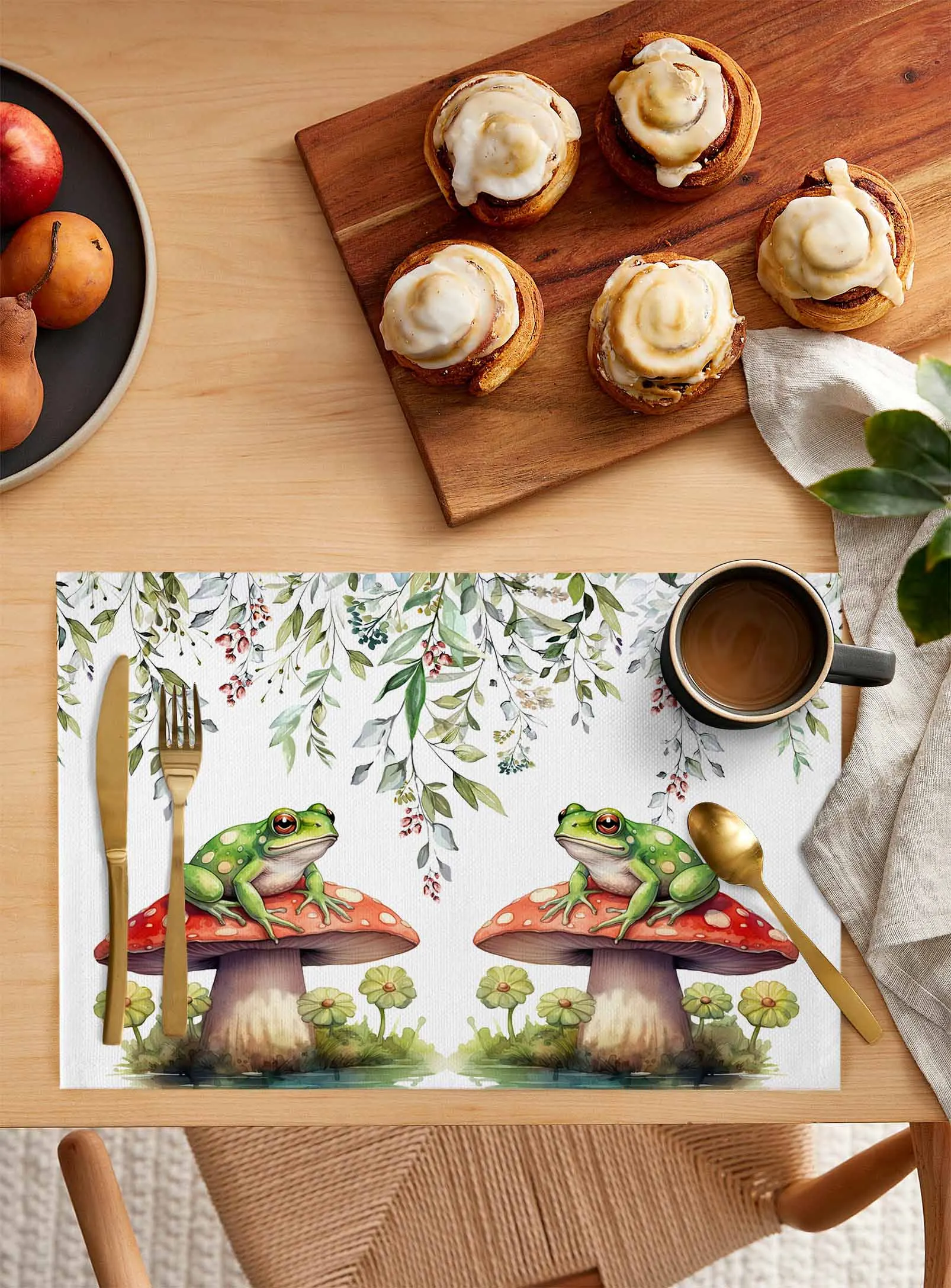 Frog Mushroom Flower Watercolor Table Mat Wedding Holiday Party Dining Table Placemat Kitchen Accessories Table Napkin