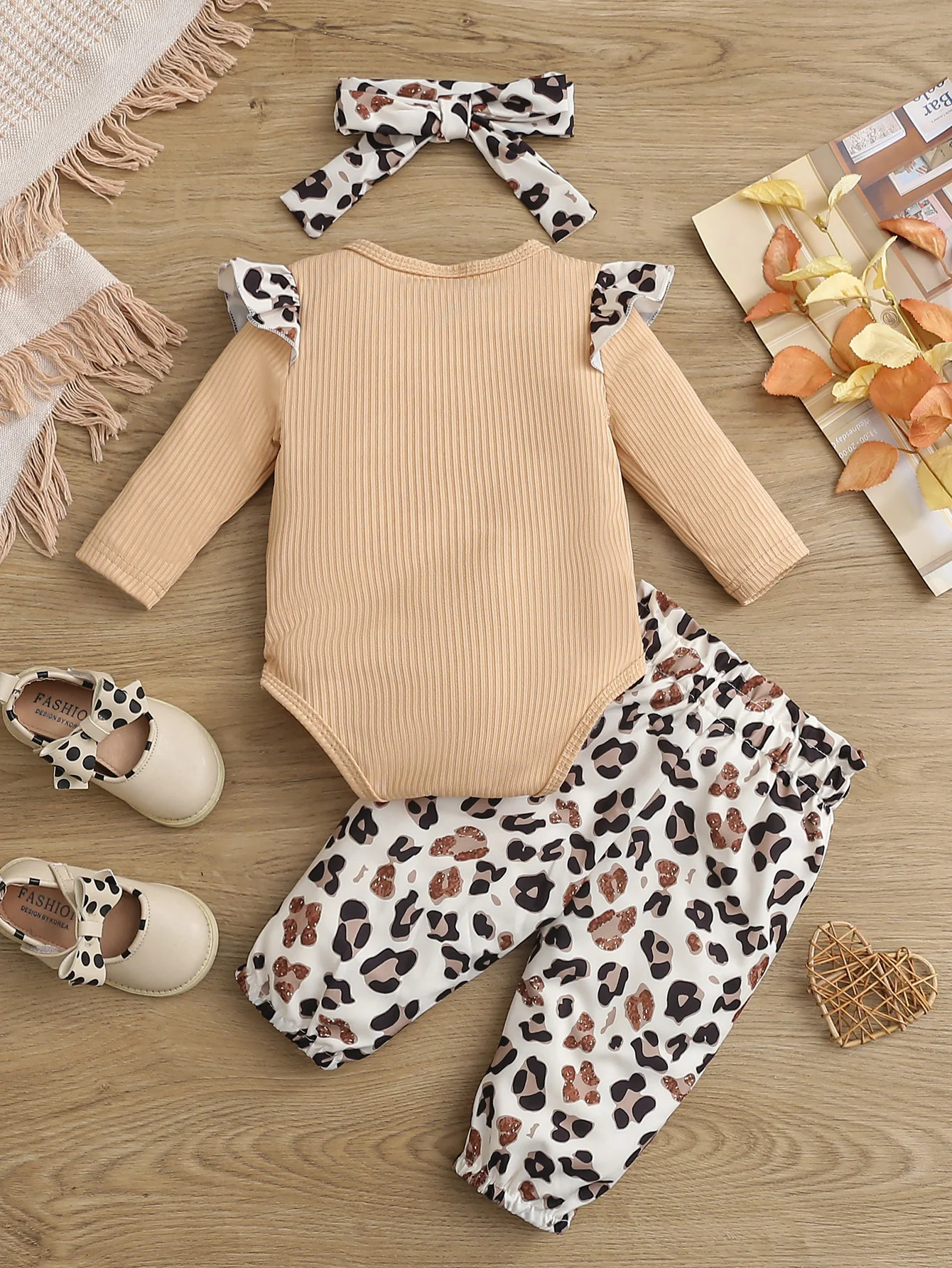 Baby Girl Spring Autumn Leopard Print Three-Piece Set with Stripe Short Sleeves Romper Leopard Patterned Trousers Hairband