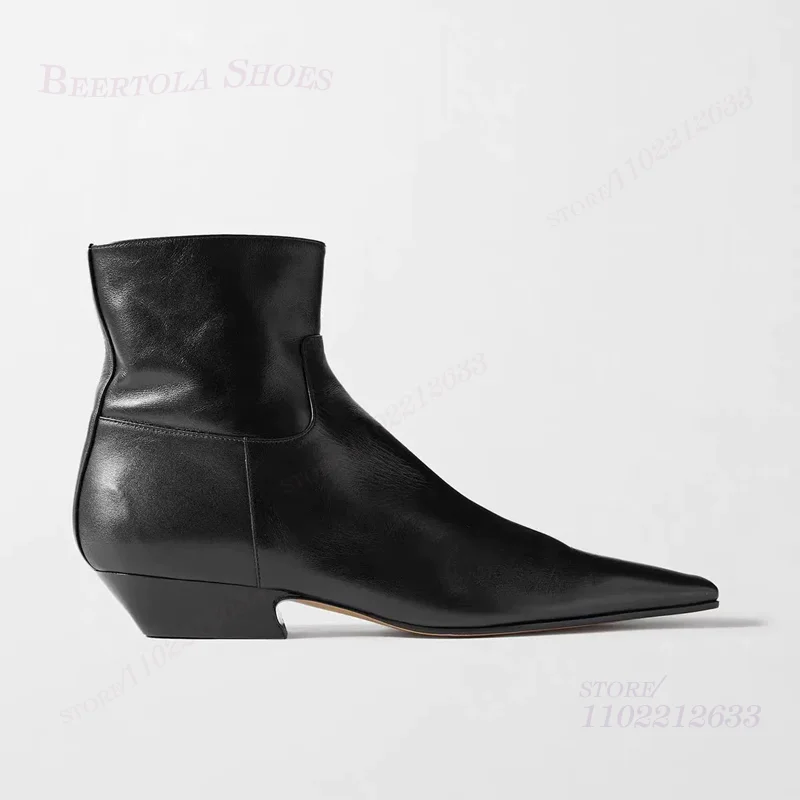 

Ankle Black Leather Short Boots Women Work Daily Pointed Toe Low Heel Calf Booties Summer Suede Chunky Heel Flat Modern Shoes